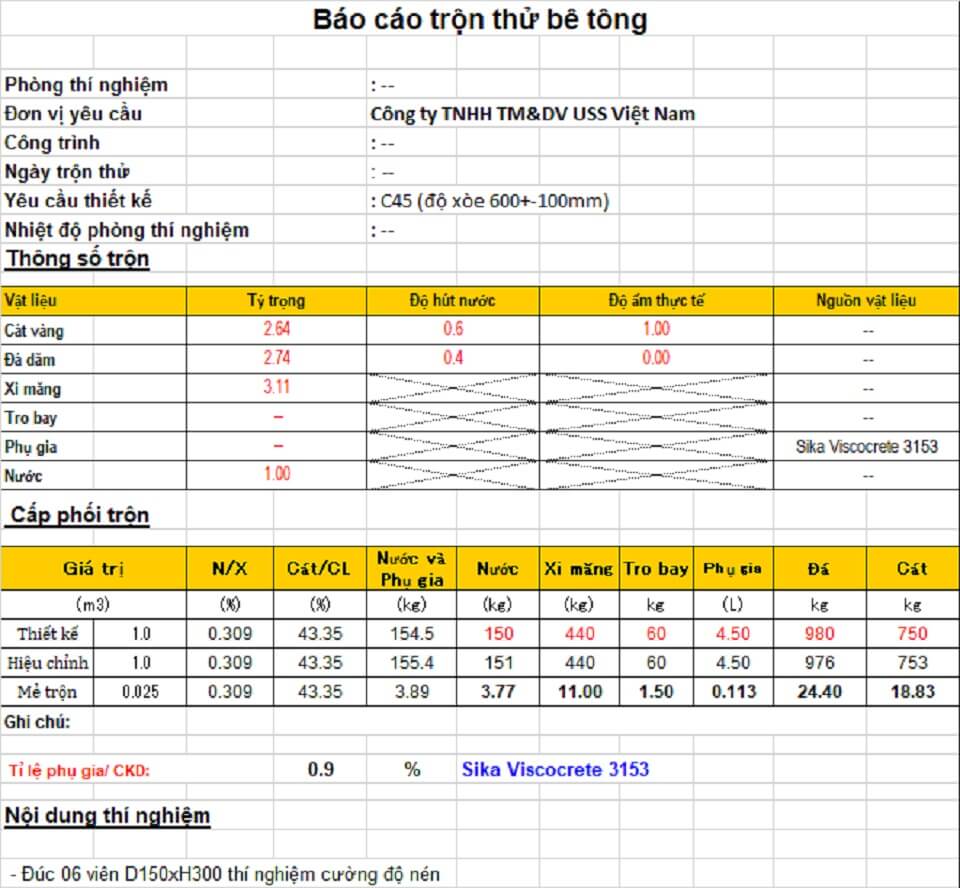 Cấp phối bê tông tự lèn thử nghiệm 